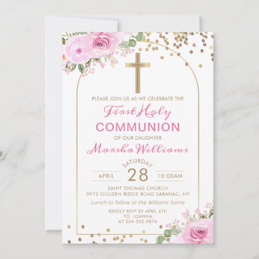アーチ金ゴールドピンクフローラガールファースト聖餐式 招待状 (正面)
