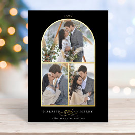 アーチ3フォト結婚したホイルメリーホリデーカード 箔招待状