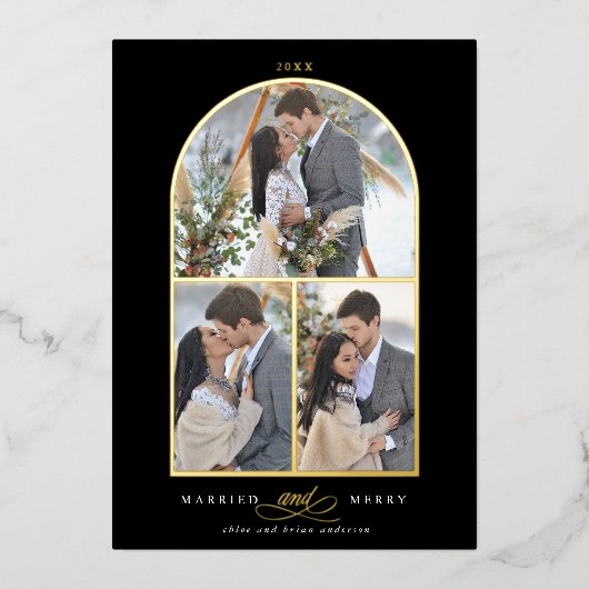 アーチ3フォト結婚したホイルメリーホリデーカード 箔招待状 (正面)