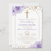 アーチ ゴールド パープル フローラル ファースト ホーリー コミュニオン 招待状 (正面)