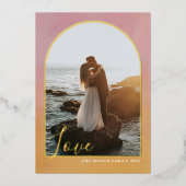  アーチ スクリプト ラブ ペイント ピンク ゴールド バーティカル リアル 箔シーズンカード (正面)