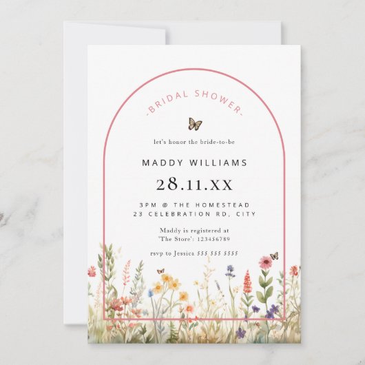 アーチ バタフライ ワイルドフラワー ブライズシャワー 招待状 (正面)