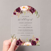 アーチ バーガンディー ブラッシュ ブルーム ウェディング アクリル招待状 (インサイチュ (ポータブル))