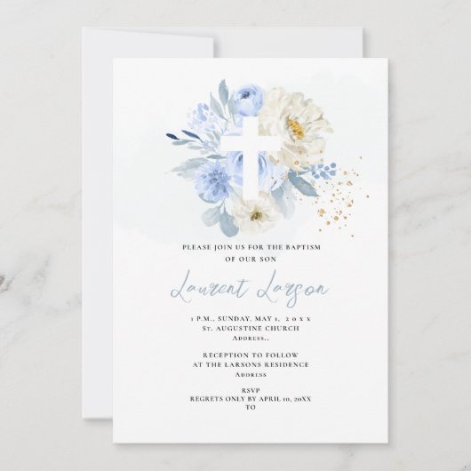 アーツアプ エレガント H2 ダスティーブルー ローズ 洗礼 招待状 (正面)