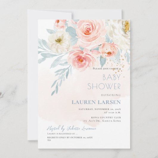 アーツアプ H2 フレッシュピンク ローズ ダスティーブルー 葉 招待状 (正面)