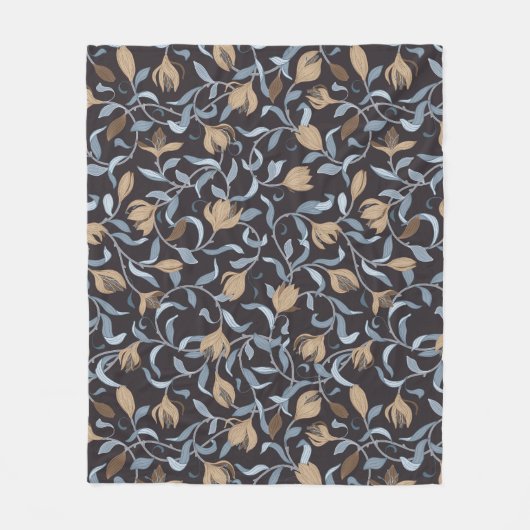 アーツ・アンド・クラフインスパイアト・ブルーと金ゴールド・フローラ フリースブランケット (正面)