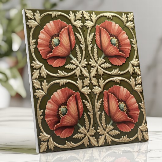 アーツ＆クラフツの赤いポピーとオリーブグリーン タイル