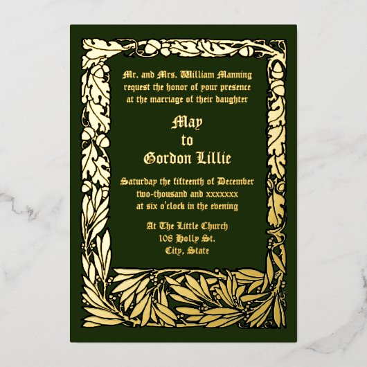 アーツ&クラフツスタイルのどんぐりとオークの葉のボーダー 箔招待状 (正面)