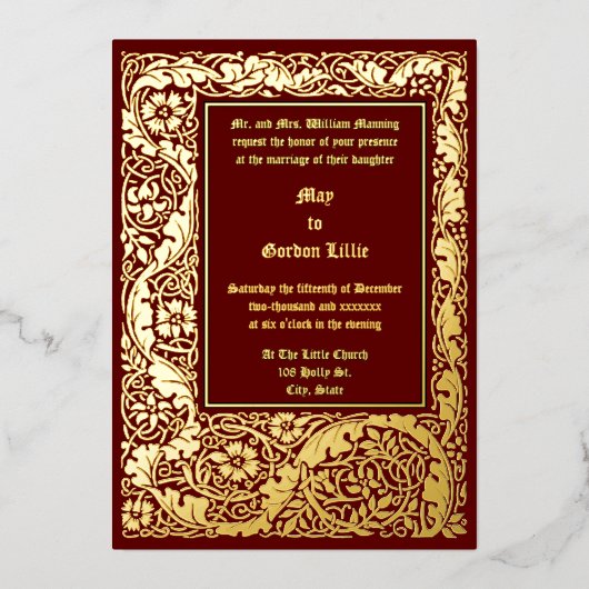 アーツ&クラフツスタイル1905フローラの葉結婚の数 箔招待状 (正面)