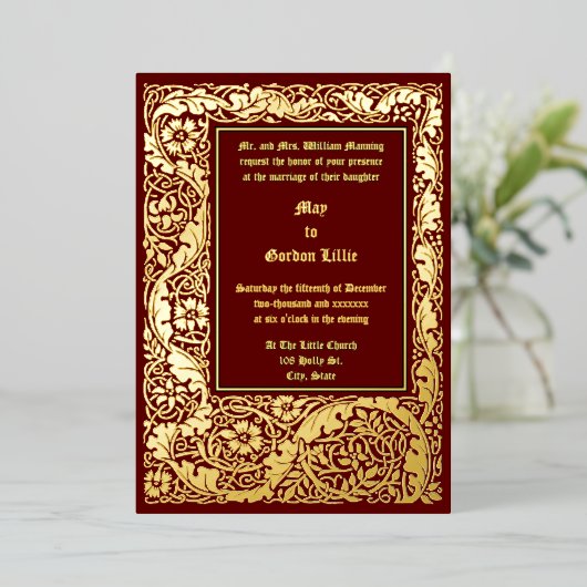 アーツ&クラフツスタイル1905フローラの葉結婚の数 箔招待状 (立ち正面)