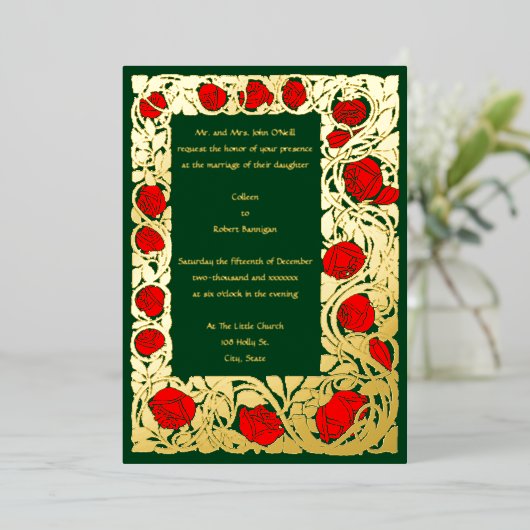 アーツ&クラフツロイクロフトバラ縁どつる植物結婚ズ 箔招待状 (立ち正面)