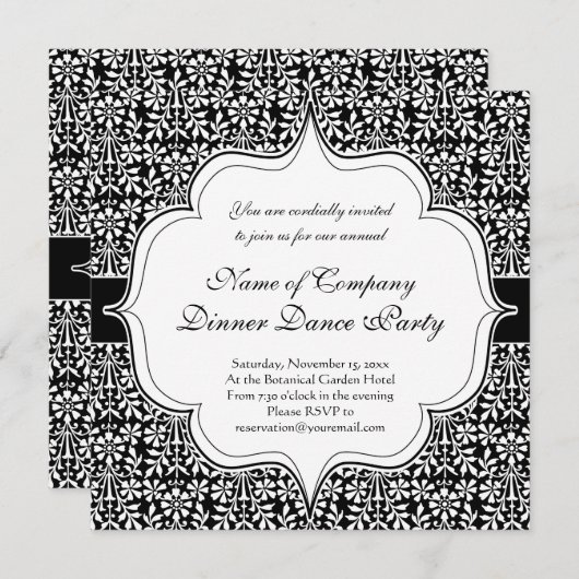 アーツ&クラフツ エレガント ブラック&ホワイト フラワーズ 招待状 (正面/裏面)