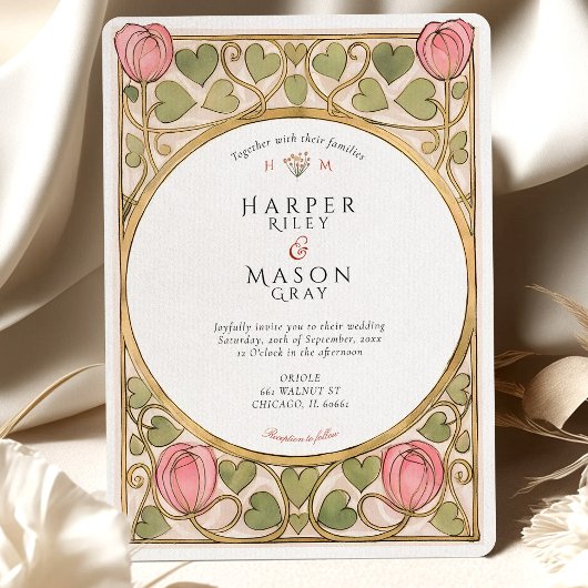 アーツ＆クラフツ ピンクのチューリップとハートのウェディング 招待状