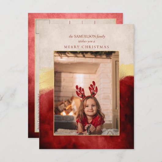 アーティザンエレガントレッドと金ゴールドブラシストロークフォト シーズンポストカード (正面/裏面)