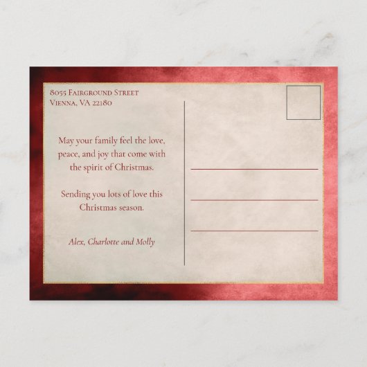 アーティザンエレガントレッドと金ゴールドブラシストロークフォト シーズンポストカード (裏面)