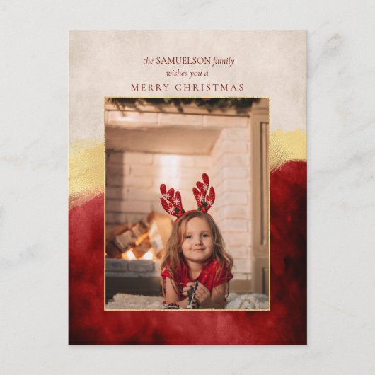 アーティザンエレガントレッドと金ゴールドブラシストロークフォト シーズンポストカード (正面)