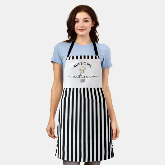 アーティザンシェフハットネーム白黒ストライプベーキング エプロン (着用した状態)