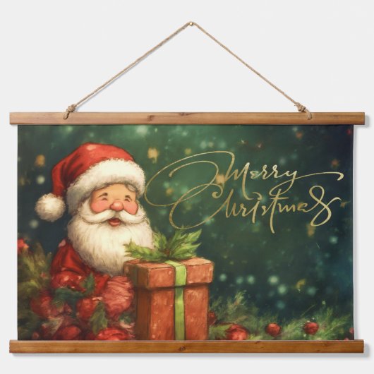 アーティシットサンタイラストレーションクリスマスレッドグリーン 吊り下げ型タペストリー (正面)