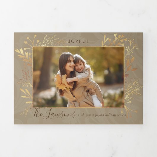 アーティスエレガントト金ゴールド葉の写真 三つ折りクリスマスカード (カバー)