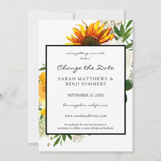 アーティスティックなひまわりと花の白い 予定変更カード 招待状 (正面)