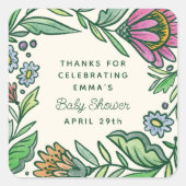 アーティスティックなスカンジナビアンフォークフラワーベイビーシャワー スクエアシール (正面)