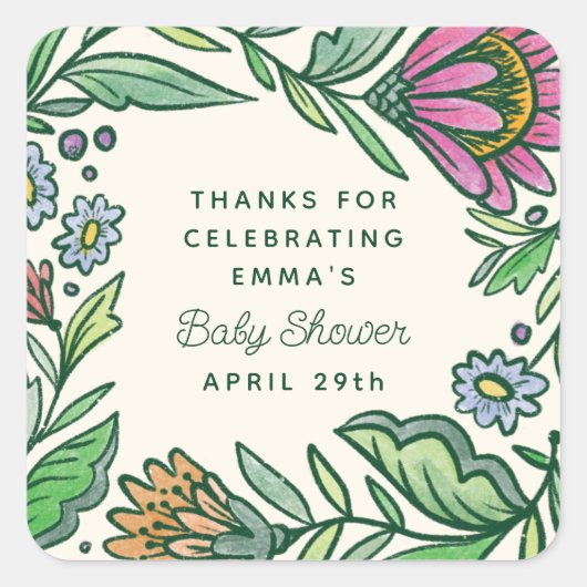 アーティスティックなスカンジナビアンフォークフラワーベイビーシャワー スクエアシール (正面)