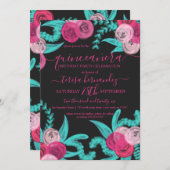 アーティスティックなネオン ピンクとターコイズの花のキンセアニエラ 招待状 (正面/裏面)