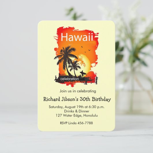 アーティスティックなハワイのビーチサンセットパーティー招待状 招待状 (スタンド正面)