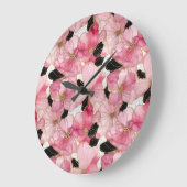 アーティスティックなピンクの花 黒インク アブストラクト ラージ壁時計 (傾斜)