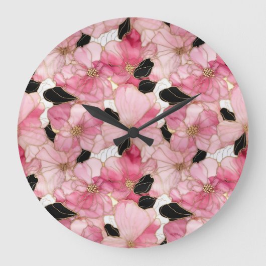 アーティスティックなピンクの花 黒インク アブストラクト ラージ壁時計 (正面)