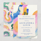 アーティスティックな抽象的な青の水彩画を使った卒業パーティーのお知らせ 招待状 (正面/裏面)
