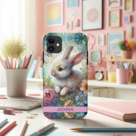 アーティスティックな水彩ウサギと花の幻想 iPhone 11 ケース