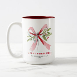 アーティスティックな水彩画のピンクのリボンのヤドリギのクリスマス ツートーンマグカップ