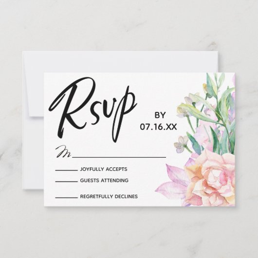 アーティスティックな水彩花のタイポグラフィーを使ったRSVP 出欠カード (正面)