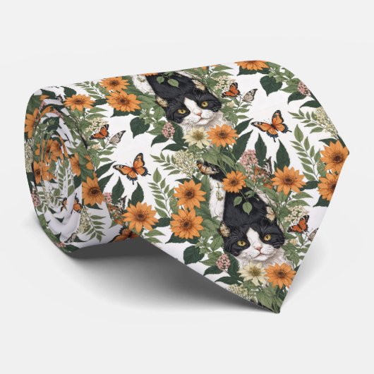 アーティスティックな猫、蝶、花のフラワーパターン ネクタイ (ロール)