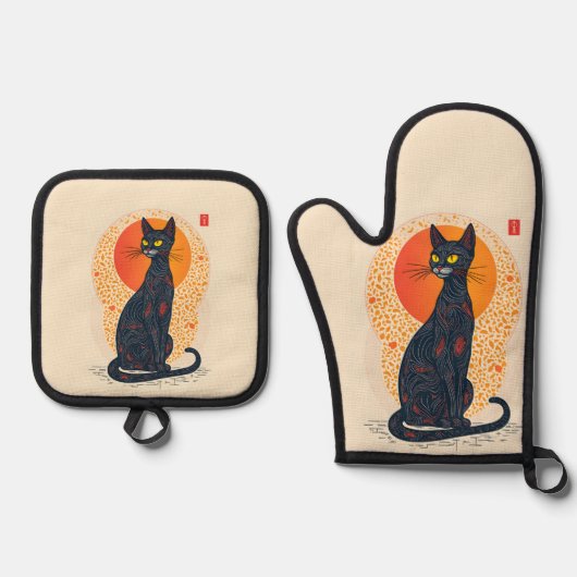 アーティスティックな猫 鍋つかみ&鍋敷きセット (正面)