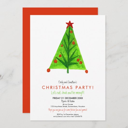 アーティスティックな現代風クリスマスツリー フェスティブパーティ 招待状 (正面/裏面)