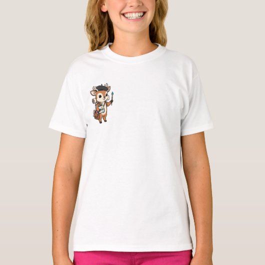 アーティスティックな鹿の画家とベレー帽の子供たち Tシャツ (正面)