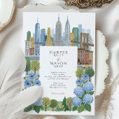 アーティスティックなNYCスカイライン スレートブルーのアジサイの結婚式 招待状