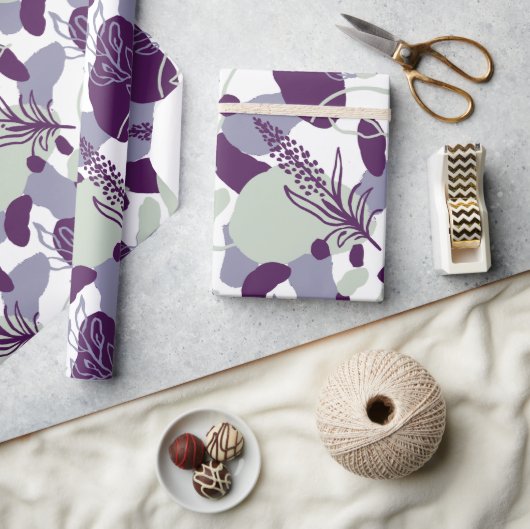 アーティスティック フラワー アブストラクト | ネイビーブルーとフラッシュピンク ラッピングペーパー (クラフト)