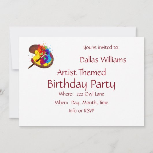 アーティストのためのペイントをテーマにした誕生日 招待状 (裏面)