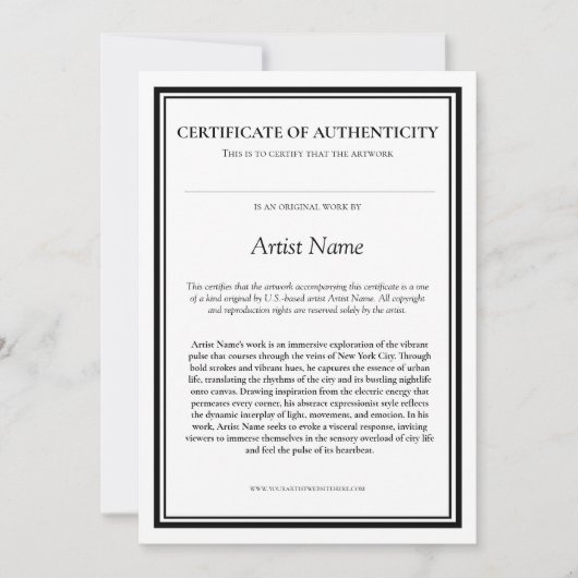 アーティストの陳述による真正性証明書 サンキューカード (正面)