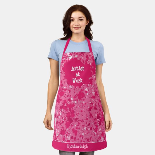 アーティストアットワーク抽象芸術ピンク絵を描(ばちゃばちゃ)跳ねるスモック エプロン (着用した状態)