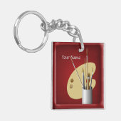 アーティストパレットとブラシキャンバス赤キーチェーン キーホルダー (正面左)