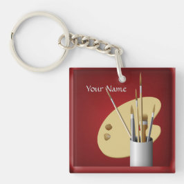 アーティストパレットとブラシキャンバス赤キーチェーン キーホルダー