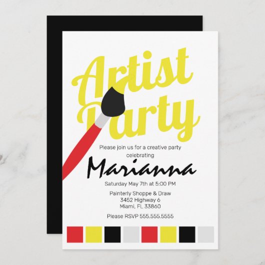 アーティストパーティーパレット誕生日イエローレッド 招待状 (正面/裏面)