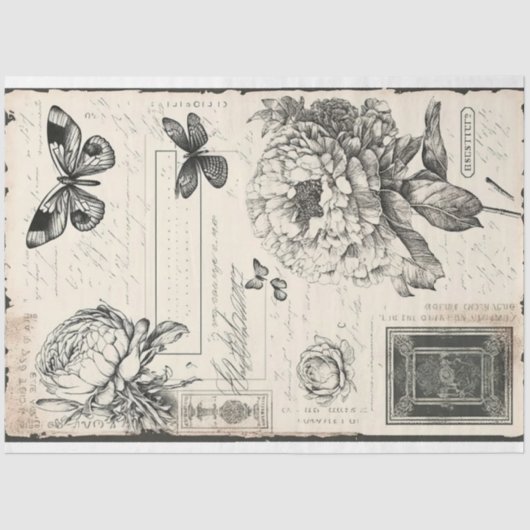 アーティストラージヴィンテージ牡丹バタフライ白黒 薄葉紙 (正面)