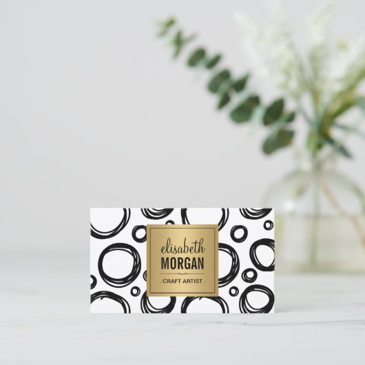 アーティスト抽象芸術スケッチ円と金ゴールド名ロゴ 名刺 (スタンド正面)