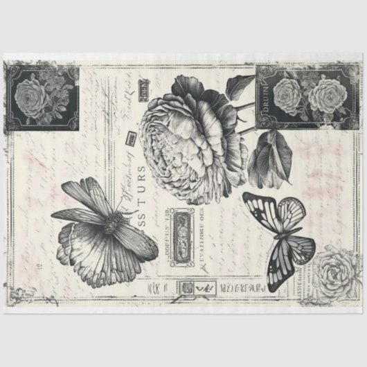 アーティスト白黒大ヴィンテージ牡丹の背景 薄葉紙 (正面)