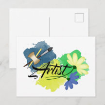 アーティスト。デッサン。青と黄色。絵筆と